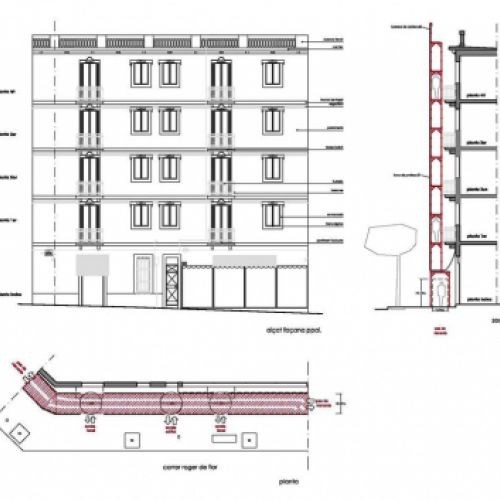 Plano de alzado, planta y sección