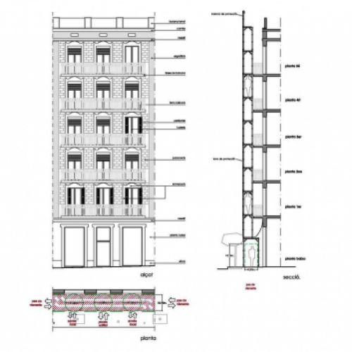 Plànol d'alçat, planta i secció