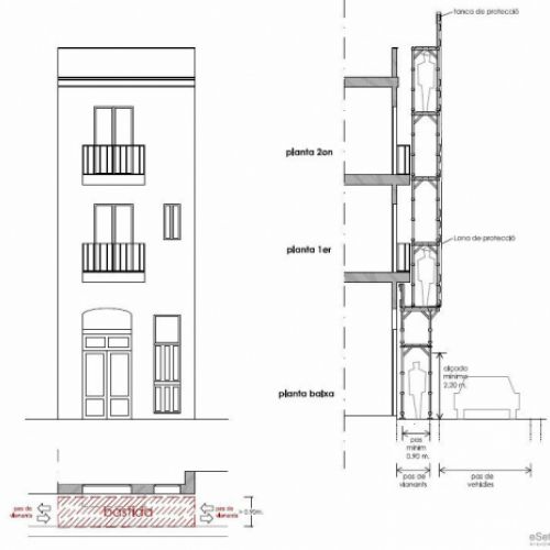 Plànol d'alçat, planta i secció de façana